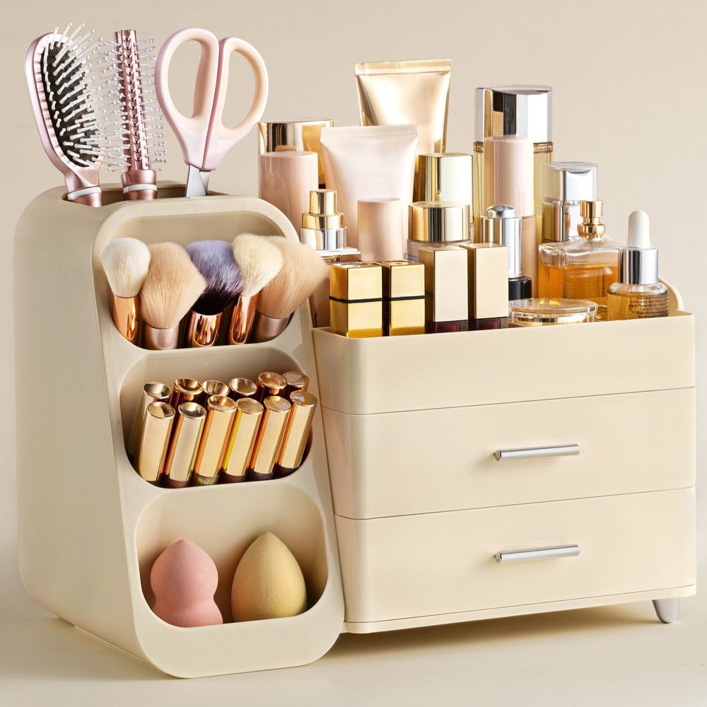 Makeup Organizer With Brush Holder For Vanity, Large Plastic Bathroom🐘